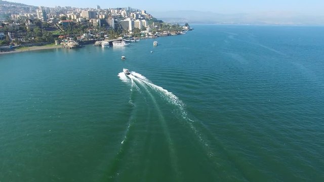 Tiberias, Israel - Aerial footage of the city coastline and the sea of Galilee