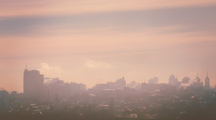 Foggy winter morning. Fog over the town. Cityscape. Morning fog.