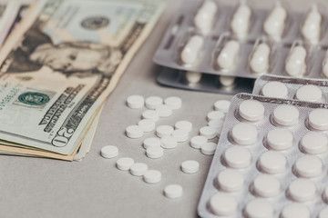 Money for health, Medicine pills, tablets and capsules on table. Drug 