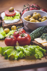 Healthy and Vegetarian diet breakfast concept. Tomatoes, Homemade bread 