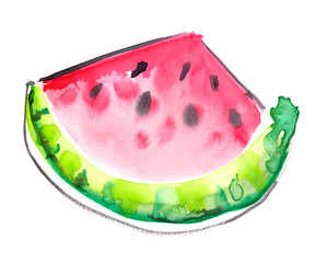 Single slice of bright fresh watermelon painted in watercolor on clean white background