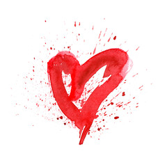 Abstract red heart with brush strokes, paint drips and splatters painted in watercolor on clean white background
