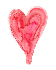 Single big elongated heart painted in pink and red watercolor on clean white background