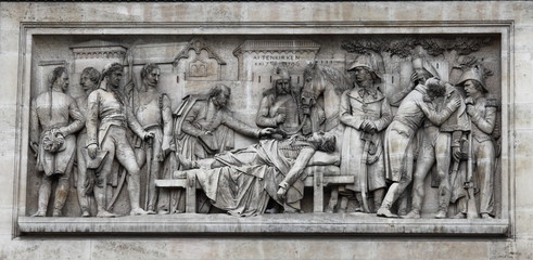 Ornamental sculptures on Arch of Triumph. Paris, France