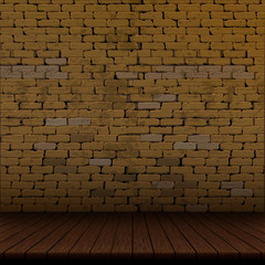 Architectural design background with old brick wall and wooden floor with dimming.