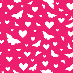 Valentines day seamless pattern with hearts and butterfly isolated on pink background. Design backdrop for Wedding Invitation Card.