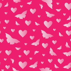 Valentines day seamless pattern with hearts and butterfly isolated on pink background. Design backdrop for Wedding Invitation Card.