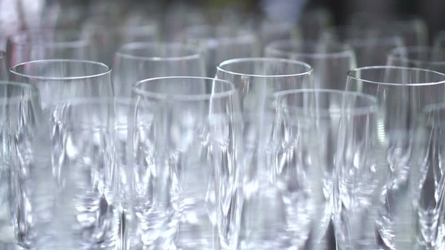 Empty champagne glasses row. Wedding and happy event celebration symbol