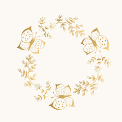 Golden wreath with butterfly. Vector illustration. Isolated.