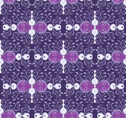 Purple ornamental seamless patterns for making damask wallpapers and textile print. Vintage style. Vector illustration.