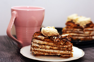 Delicious Coffee Cake, sweet piece of sponge cake in the cafe