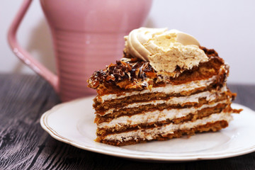 Delicious Coffee Cake, sweet piece of sponge cake in the cafe