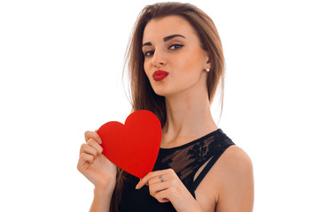 close up portrait of beautiful brunette in love with red heart isolated on white background. saint valentine's concept. love concept.