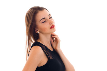 portrait of beautiful brunette girl with red lips isolated on white background.