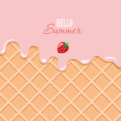 Ice cream macro texture. Melted pink cream on wafer background. Hello summer quote.