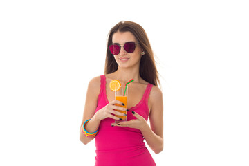 Summer portrait of young cheerful girl with cockatil in sunglasses isolated on white background