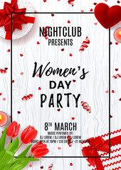 Party poster for Women's Day. Top view on composition with red tulips, gift boxes, case for ring, candles and confetti. Vector illustration with serpentine on wooden texture. Invitation to nightclub.