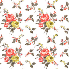  Seamless floral pattern with a bouquet of roses and small flowers with foliage.