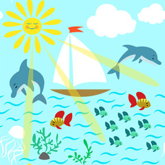 Seamless pattern on the marine theme, dolphins, boat, sea, sun on a blue background.