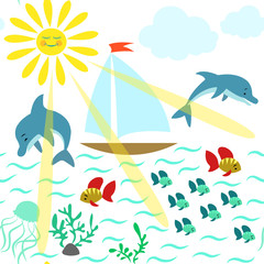 Fototapeta na wymiar marine theme, dolphins, boat, sea, sun 