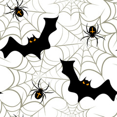 Seamless pattern with a bat, spiders and cobwebs Halloween on a white background.