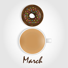 Funny 8 March celebration illustration with realistic doughnut and coffee. International Women's Day concept.