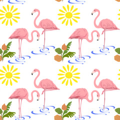 Seamless pattern with a pair of flamingos in the water, tropical plants and the sun.