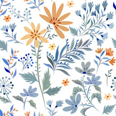 Seamless pattern with abstract elements of meadow flowers on a white background.