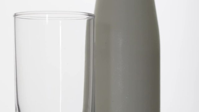 Rotating of bottle and glass of milk on white background

