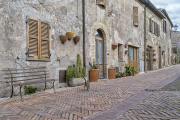 A cat crosses the main street of the village of Sovana, Grosseto, Tuscany, Italy