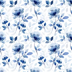 Behang Wit patroon met blauwe bloemroos