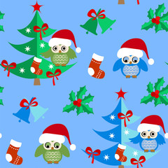 Seamless pattern with Christmas elements Christmas tree, owl, bell, socks on a blue background.