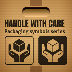 HANDLE WITH CARE packaging symbol on a corrugated cardboard box. For use on cardboard boxes, packages and parcels. Vector illustration
