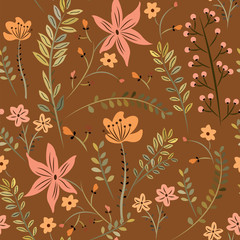 Seamless pattern with meadow flowers and herbs on a brown background.