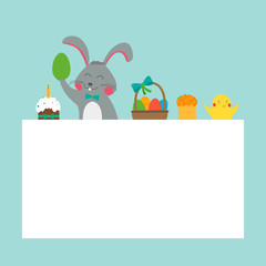 Easter greeting card with rabbit, bunny, eggs and chicken. Vector