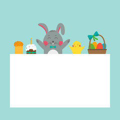 Easter greeting card with rabbit, bunny, eggs and chicken. Vector
