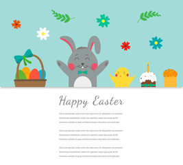 Easter greeting card with rabbit, bunny, eggs and chicken. Vector