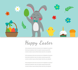 Easter greeting card with rabbit, bunny, eggs and chicken. Vector