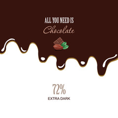 Melted dark chocolate background with sample text. Cocoa bean.
