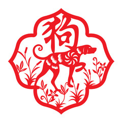 Red paper cut dog zodiac in frame and flower symbols ( Chinese word mean dog )