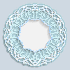 3D round frame for a photo or picture, vignette with ornaments, lace border,  bas-relief ornament,  openwork  pattern, template greetings, vector