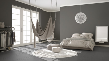 Classic bedroom, minimalistic interior design, with scandinavian