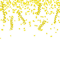 Golden Confetti. Vector Festive Illustration of Falling Shiny Confetti Glitters Isolated on white Background. Holiday Decorative Element for Design. Mardi Gras carnaval style.