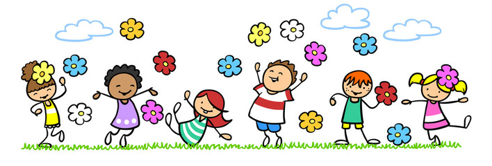 Viele Kinder in der Natur mit bunten Blumen