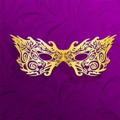 Mardi Gras gold ornate mask on purple pattern background with inner shadow. Vector illustration. Party poster for Mardi Gras masquerade and celebrate cards.