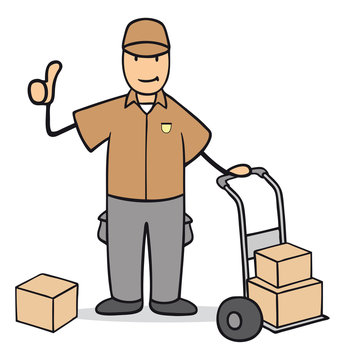 Cartoon Paketzusteller h&auml;lt Daumen hoch