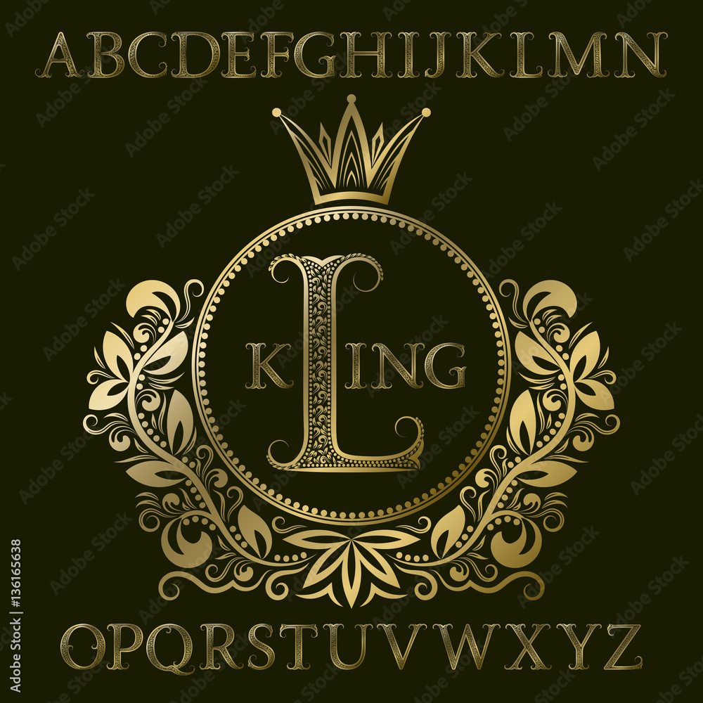 Aufkleber golden patterned letters and initial monogram in coat of arms form with crown. royal font and elemen