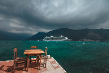 Fototapeta na wymiar Luxury cruise ship in Montenegro Kotor Bay.