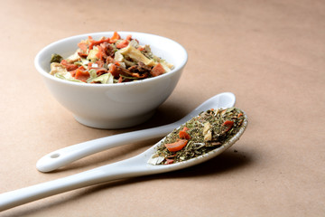spicy fragrant mixture with mushrooms, vegetables and herbs