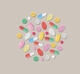 Vector icon of different pills, capsules in a flat style arranged in a circle for background